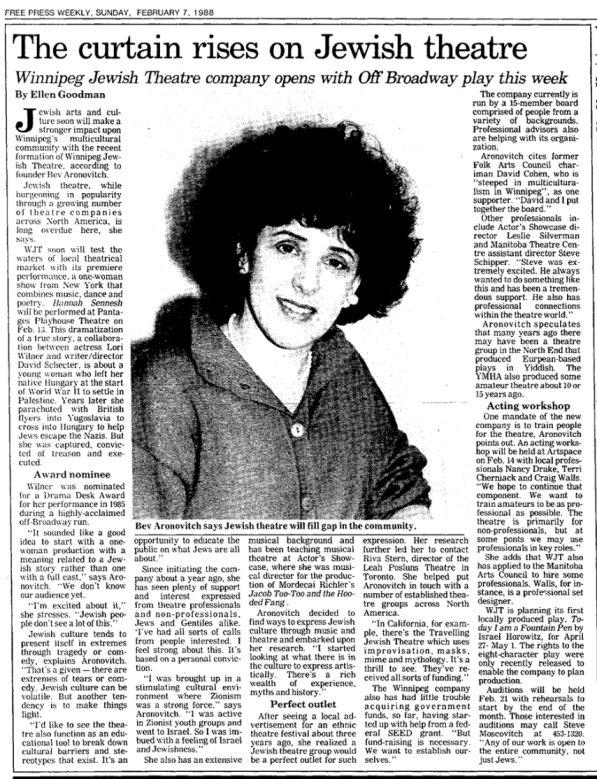 Winnipeg Free Press Clipping announcing the formation of Winnipeg Jewish Theatre with Bev Aronovitch at the helm as Artistic Director, February 1988